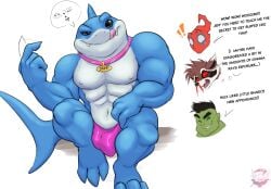 2_penises 3_toes 4_fingers anthro black_body black_eyes black_fur black_hair blood blue_body blush bodily_fluids brown_body brown_fur brown_hair clothing collar deadpool ear_piercing english_text feet fennephilim_fox fingers fur genitals green_body green_eyes guardians_of_the_galaxy hair hi_res hulk human jeff_the_land_shark land_shark_(species) male male_focus male_only mammal marvel multi_genitalia multi_penis muscular muscular_male nosebleed penis piercing pink_clothing pink_collar pink_speedo pink_swimwear procyonid raccoon red_eyes rocket_raccoon solo speedo swimwear text toes tongue tongue_out white_body white_fur
