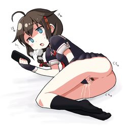 ahoge anus blue_eyes blush braid breath brown_hair censored clothed_masturbation clothing dokan_(dkn) female fingering fingering_down_front kantai_collection long_hair masturbation no_panties no_shoes on_side open_mouth phone ponytail pussy pussy_juice shigure_(kantai_collection) skirt skirt_lift socks solo spread_legs tied_hair