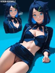ahoge ai_assisted ai_generated blue_eyes blue_hair cameltoe disoriented dutch_angle exposed_midriff fantasy female hairclip heavy_breathing hentaihell jacket liko_(pokemon) lying_on_side medium_breast micro_skirt multiple_views photorealistic pokemon pussy_view sfw short_hair short_skirt smile solo young_adult