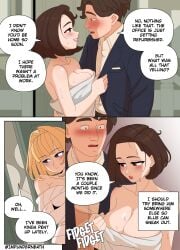 1boy 2girls after_shower bare_shoulders bathrobe blonde_female blonde_hair brush comic disguise ellie_skinsuit ellie_skinsuit_8 english_text female impersonation imposter impunderneath maria_(impunderneath) original original_character page_23 possessed possession short_hair story