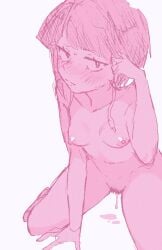 1girls ayuda blush boku_no_hero_academia breasts completely_nude embarrassed erect_nipples eyebrows_visible_through_hair female_pubic_hair half-closed_eyes kneeling kyoka_jiro lighting looking_at_viewer monochrome my_hero_academia nipples pubic_hair pubic_hair_peek purple_eyes purple_hair pussy_juice pussy_juice_drip pussy_juice_puddle small_breasts sweatdrop white_background