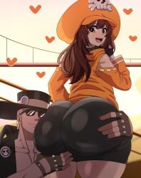 1boy 1girls absurdres ass ass_worship assisted_presentation big_ass bike_shorts commission female female_focus grabbing_another's_ass grabbing_another's_thighs groping guilty_gear guilty_gear_strive heart highres huge_ass johnny_(guilty_gear) kibou-kage looking_back may_(guilty_gear) thick_thighs thighs