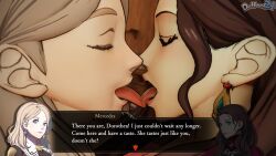 2girls alternate_hairstyle assertive assertive_female bare_shoulders blonde_hair brown_hair caught close-up closed_eyes collarbone come_hither dark_brown_hair desk dochaunt24 dorothea_arnault eager earrings english_text female female_only fire fire_emblem fire_emblem:_three_houses fire_emblem_warriors:_three_hopes french_kiss group_sex imminent_kiss indoors kissing light-skinned_female light_skin long_hair medium_hair mercedes_von_martritz mouth_focus multiple_girls nintendo nude nude_female open_mouth orgy post-timeskip sex shoulders smile text text_box tongue tongue_out yuri