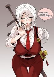 1girls artist_request ass big_breasts blue_eyes blush clothed faust_(limbus_company) genderbent limbus_company long_hair looking_at_partner looking_at_viewer looking_back_at_viewer lucio_(limbus_company) nipples nude open_mouth penis presenting project_moon rule_63 slap_mark standing sweat sword the_thumb_(project_moon) thick_thighs white_hair