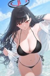 1girls absurdres alternate_costume armpits bare_shoulders beach bikini black_bikini black_hair blue_archive blue_sky blush breasts cleavage cloud cowboy_shot day hair_lift hair_ornament hair_spread_out halo hand_in_own_hair highres jacket kam-ja large_breasts long_hair long_sleeves looking_at_viewer navel o-ring o-ring_bikini o-ring_top ocean off_shoulder open_clothes open_mouth outdoors parted_lips red_eyes rio_(blue_archive) shirt side-tie_bikini_bottom sky solo standing stomach string_bikini swimsuit very_long_hair water white_shirt