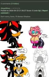 ai_generated kimmythefem comic funny tails_the_fox amy_rose shadow_the_hedgehog commentary sonic_(series) sonic_the_hedgehog_(series) femboy huge_breasts thick_thighs wide_hips slim_waist shocked shocked_expression serious furry anthro failed_attempt failed_domination gay rouge_the_bat_(cosplay) no_sex_(yet) white_background plot_twist