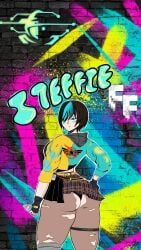 astrokiller belt breasts cheeks clothes free_fire gloves graffiti leggings lingerie lust necklace paint ripped_pants short_hair skirt smile steffie_(free_fire) sweater underwear