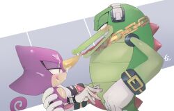 2_penises animal_genitalia animal_penis anthro bedroom_eyes blush bodily_fluids chains clothing cum cum_covered cum_on_chest cum_on_face cum_on_hand curled_tail duo electronics espio_the_chameleon futurenova genital_fluids genitals glistening glistening_genitalia glistening_penis gloves gold_(metal) gold_chain green_body handwear headphones hemipenes hi_res horn licking licking_lips looking_at_another looking_at_partner male male/male messy multi_genitalia multi_penis narrowed_eyes open_mouth penis pink_penis precum precum_on_penis seductive sega signature simple_background size_difference sonic_(series) sonic_the_hedgehog_(series) sweat sweatdrop tail tapering_penis teeth tongue tongue_out vector_the_crocodile white_clothing white_gloves white_handwear yellow_eyes