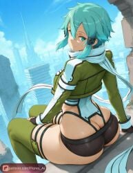 1girls ai_generated ass ass_focus big_ass butt_crack butt_focus cameltoe floresai huge_ass looking_at_viewer patreon patreon_url patreon_username short_hair sinon sword_art_online thick_thighs