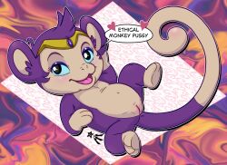 beavertailcove blush english_text featureless_chest female flat_chested genitals haplorhine looking_at_viewer lying mammal monkey monkey_shantae on_back primate purple_body shantae smile solo speech_bubble spread_legs spreading tail text vulva wayforward