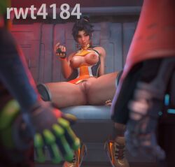 1girls 2boys 3d anran big_breasts breasts breasts_out cole_cassidy female female_focus inviting inviting_to_sex lucio_(overwatch) nipples overwatch pussy rwt4184 spread_legs spreading tits_out