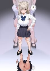 1girl ? absurdres bar_censor black_shoes black_skirt blonde_hair blue_bow blue_bowtie bow bowtie breasts censored collared_shirt commentary_request female female_only fffukuzawa full_body hand_on_own_hip highres knees large_breasts long_hair long_sleeves mary_janes missing_legwear no_panties original pleated_skirt pussy school_uniform shirt shoes skirt spoken_question_mark standing twintails white_shirt