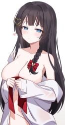 1girls :o absurdres bare_shoulders blue_eyes blush bow braid breasts collarbone commentary gradient_background grey_background groin hair_ornament hairbow heart heart-shaped_pupils heart_hair_ornament highres large_breasts long_hair long_sleeves pn_(wnsl216) red_bow shirayuki_hina shirt single_braid solo stellive sweatdrop symbol-shaped_pupils untranslatable_commentary virtual_youtuber white_background white_shirt