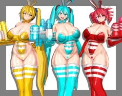 3d 3d_(artwork) 3girls akita_neru aqua_bowtie aqua_eyes aqua_hair aqua_leotard aqua_thighhighs areola_slip blonde_hair border bowtie cleavage closed_mouth covered_navel custom_maid_3d_2 dildo fake_animal_ears fanloid grey_border grumpy hair_ribbon happy hatsune_miku holding_plate huge_breasts idohori_people kasane_teto kasane_teto_(sv) long_hair looking_at_viewer medium_hair open_mouth rabbit_ears red_bowtie red_eyes red_hair red_leotard red_thighhighs ribbon sex_toy side_ponytail simple_background skindentation smile striped_thighhighs synthesizer_v teeth tenga tenga_cup tenga_outfit thighhighs tissue_box tissues triple_baka_(vocaloid) twintails upper_teeth utau very_long_hair vocaloid white_background white_ribbon yellow_bowtie yellow_eyes yellow_leotard yellow_thighhighs