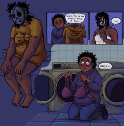 1boy 1girls 1monster almost_nude almost_nude_female clothed clothed_male clothes duo female hellen_(look_outside) hockey_mask holding holding_bra holding_shirt ickystickypink laundromat laundry look_outside looking_down male monster_girl sam_(look_outside) shirt_only sitting sitting_down sitting_on_bed tagme