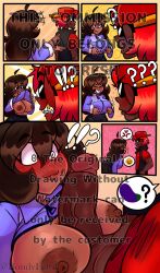 1boy 1girls blowjob blush bondylewd boobs_out comic dark-skinned_female dark-skinned_male dick_between_boobs fellatio imminent_fellatio imminent_oral original original_character straight tan_body teasing teasing. tight_clothing