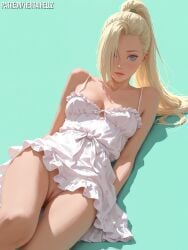 ai_assisted ai_generated aroused blonde_hair blue_eyes dynamic_angle fantasy female floral_pattern hair_over_one_eyes hentaihell high_ponytail ino_yamanaka knees_bent long_hair low_neckline lying_on_back medium_breast naked_pussy naruto_(series) parted_lips pastel_colors photorealistic sleeveless_dress solo spaghetti_straps young_adult