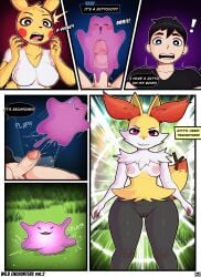 absurd_res anthro black_hair blonde_hair blue_eyes bodily_fluids braixen brown_eyes chest_tuft dash_(kevwrite) ditto_(pokemon) duo ear_tuft english_text female forest forest_background generation_1_pokemon generation_6_pokemon genital_fluids genitals gradient_background hair hi_res kevwrite leaking_precum male male/female mammal multicolored_body nature nature_background nintendo nude page_2 penis pikachu plant pokemon pokemon_(species) precum purple_body purple_eyes simple_background speech_bubble text transformation transformation_sequence tree tuft vaginal_fluids vulva white_body yellow_body