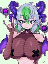 1girls \\\\n/ ahoge artist_name bare_shoulders big_breasts breasts collar cross_pasties detached_sleeves eyelashes eyeshadow female fishnet_clothing fishnet_topwear fishnets flesh_fang froot goth goth_girl green_eyes green_hair horn_piercing horns huge_breasts indie_virtual_youtuber kuroiyokoshima large_breasts long_nails looking_at_viewer midriff multicolored_hair nail_polish naughty_face nipple_pasties painted_nails pale-skinned_female pale_skin pasties purple_eyeshadow purple_nails short_hair slim_waist smile smug solo spiked_collar tomboy virtual_youtuber vtuber wings