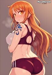 ai_generated brown_eyes buruma closed_mouth female female_only from_behind jitome large_breasts long_hair looking_at_viewer looking_back mikadnsfwia nami_(one_piece) one_piece orange_eyes orange_hair shoulder_tattoo solo sports_bra sweat