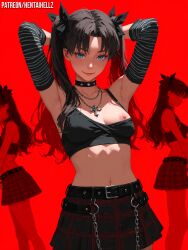 ai_assisted ai_generated bangs black_ribbon blue_eyes choker crop_top dutch_angle fantasy fate_(series) female fingerless_gloves forehead hair_ribbon heavy_breathing hentaihell long_hair long_twintails medium_breast multiple_views one_breast_out photorealistic plaid_skirt seductive_smile sfw shy solo standing tohsaka_rin young_adult
