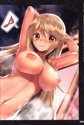 1girls areolae arms_up blonde_hair blush doujinshi earrings eyebrows_visible_through_hair female gem glowing hair_ornament headpiece highres jewelry kiba_satoshi looking_at_viewer mythra_(xenoblade) nintendo nipples nude pose smile solo swept_bangs tiara very_long_hair wet xenoblade_(series) xenoblade_chronicles_2 yellow_eyes