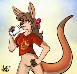 2017 anthro beavertailcove beverage bottomless bow_ribbon clothed clothing drinking female genitals hair hands_on_hips hi_res kangaroo looking_at_viewer macropod mammal marsupial ponytail shirt solo standing tail topwear vulva