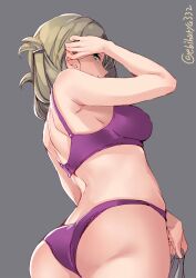 1girls ass back bra breasts cowboy_shot ebifurya female_focus folded_ponytail from_below green_eyes grey_background highres kantai_collection katori_(kantai_collection) large_breasts light_brown_hair long_hair no_eyewear panties purple_bra purple_panties simple_background solo twitter_username underwear