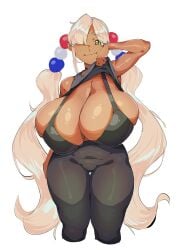 1girls blonde_hair blush breasts cleavage clothed clothing female female_only gigantic_breasts hair_over_one_eye hololive hololive_english hololive_english_-council- huge_breasts looking_at_viewer makinakid nose_blush one_eye_obstructed simple_background smile solo tan-skinned_female tan_skin tsukumo_sana twintails virtual_youtuber white_background yellow_eye