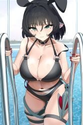 1girls absurdres animal_ears bikini black_bikini black_hair blunt_bangs breasts cleavage collarbone cowboy_shot fake_animal_ears fingernails green_eyes hashtag-only_commentary highres jane_doe_(zenless_zone_zero) large_breasts long_hair looking_at_viewer mouse_ears mouse_girl mouse_tail nail_polish navel pool rabbit_ears red_nails september0405 sidelocks smile solo swimsuit tail water zenless_zone_zero