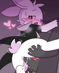 anal anal_orgasm anal_sex anthro arm_pull black_clothing black_topwear black_vest blush bodily_fluids bow_tie bubbluechy clothing cum cum_in_ass cum_inside cum_splatter cum_while_penetrated cumshot doggy_style drooling_tongue duo ejaculation emanata from_behind_position genital_fluids hands-free heart_symbol lagomorph leporid looking_aside male male/male mammal narrowed_eyebrows narrowed_eyes open_mouth orgasm penetration penile penile_penetration penis_in_ass pink_inner_ear rabbit red_bow_tie red_eyes rough_sex sex simple_background solo_focus sweat sweatdrop tongue tongue_out topwear vest white_background white_body