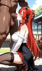 1boy 1girls ai_generated bare_back bare_shoulders black_choker black_garter_straps black_headband black_high_heels black_ribbon black_skirt black_stockings blouse blowjob blush breasts choker cleavage closed_eyes clothed clothed_blowjob clothed_female clothed_female_nude_male clothed_oral dark-skinned_male deepthroat drooling ember_paradox garter_straps hand_on_head headband high-low_skirt high_heels indie_virtual_youtuber indie_vtuber kneeling large_breasts light-skinned_female long_hair multicolored_skirt muscular_male naked naked_male nude nude_male oral oral_sex outside red_hair red_rose red_skirt ribbon rose saliva_strings skirt stockings virtual_youtuber vtuber white_blouse