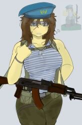1girls beret blood_debt breasts brown_hair clothed gun jamyun77 lmg_based_on_the_ak_74 medium_breasts pants reference_image roblox roblox_game robloxian rpk_74 scar short_hair sunglasses sweat tactical_gear tagme tank_top thighs veronika_kazakova yellow_skin
