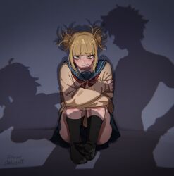 1boy 2girls artist_name black_socks blonde_hair blue_sailor_collar boku_no_hero_academia commentary cuckold cuckquean dashi_(dashiart) dashi_art doggy_style double_bun english_commentary hair_bun highres implied_sex looking_at_viewer midoriya_izuku multiple_girls neckerchief netorare red_neckerchief reverse_netorare sailor_collar school_uniform serafuku sex sex_from_behind shadow short_hair silhouette sitting socks toga_himiko uraraka_ochaco yellow_eyes