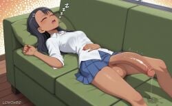 1futa ai_generated big_balls big_penis erection erection_under_clothes erection_under_skirt futanari hayase_nagatoro lowiwer lying lying_on_back lying_on_sofa no_panties please_don't_bully_me,_nagatoro precum school_uniform sleeping sofa solo solo_futa zzz