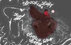 ball_clench black_hair clothing cock_vore cotton_tail dark-skinned_male demon excessive_precum horns hyper hyper_balls hyper_penis miffy_(slinkmayker) onomatopoeia slinkmayker testicles_clench veiny_penis