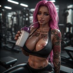 ai ai_generated big_breasts breasts gerend gym long_hair pink_hair solo tatoos