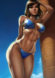 abs alternate_breast_size arm_behind_back big_breasts bikini blizzard_entertainment blue_bikini brown_hair dandon_fuga dark-skinned_female dark_skin egypt egyptian female female_only hourglass_figure large_breasts looking_at_viewer muscles overwatch pharah smile solo tattoo video_games