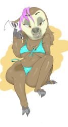 anthro bikini bikini_bottom bikini_top breasts clawed_fingers claws cruelpastry dyed_hair female fur furry glasses looking_at_viewer priscilla priscilla_tripletoe sloth solo tagme zootopia