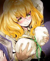 blazblue blonde_hair book breast_grab breasts denizen_tomo embarrassed glasses grabbing green_eyes groping large_breasts long_hair molestation rape school_uniform trinity_glassfield