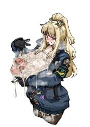 1futa autopaizuri big_breasts blonde_hair blush cat_nip cum cum_on_breasts distortion_detective ezra_(distortion_detective) futanari gloves hair_ornament limbus_company long_hair looking_at_viewer nipples open_clothes partially_clothed penis ponytail presenting project_moon red_eyes smile solo sweat taking_clothes_off thick_thighs