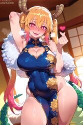 1girl ai_generated arzagod big_breasts blonde_hair blush chinese_clothes dragon_eyes dragon_girl dragon_horns dragon_maid dragon_tail kobayashi-san_chi_no_maidragon large_breasts long_hair orange_eyes perfect_legs red_eyes tagme thick_thighs tohru_(dragon_maid) tohru_(maidragon) yellow_eyes