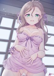 after_sex braid breasts censored commentary_request cum cum_in_pussy female forehead green_eyes hair_ribbon half_up_braid highres iris_mysteria! k_(nura-rikuo) long_hair medium_breasts mosaic_censoring negligee nipples open_mouth pink_negligee purple_ribbon ribbon standing sweat undressing will_(iris_mysteria!)
