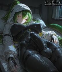 absurd_res absurdres ai_generated arknights:_endfield bed black_bodysuit black_gloves blush bodysuit breasts bulge closed_eyes closed_mouth clothing covered_nipples covered_penis covered_testicles erection erection_under_clothes female fingerless_gloves fluorite_(arknights:_endfield) futanari gloves green_hair green_tail hair_between_eyes hair_ornament hairclip hood hood_up hooded_jacket impossible_bodysuit impossible_clothes indoors intersex jacket large_breasts large_penis latex long_hair long_sleeves lying niraniri on_back on_bed open_jacket pillow ponytail precum puffy_sleeves skin_tight sleeping snake_tail solo tail testicles white_jacket