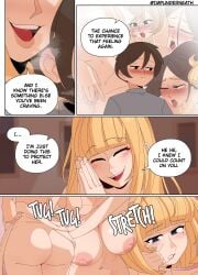 4girls blonde_female blonde_hair brush comic disguise ellie_(impunderneath) ellie_skinsuit ellie_skinsuit_8 english_text female female_skinsuit impersonation imposter impunderneath inanimate_transformation long_hair maria_(impunderneath) open_mouth original original_character page_4 possessed possession short_hair skinsuit skinsuit_transformation story suit_transformation tongue_out transformation