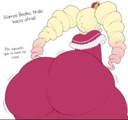 ass ass_bigger_than_head ass_focus back_view beatrice_(re:zero) blonde_hair bubble_ass bubble_butt drill_hair duke_wintermaul female female_focus female_only fully_clothed huge_ass re:zero_kara_hajimeru_isekai_seikatsu shin_translator shortstack spanish_text text tight_clothing tight_fit twerk twerking twintails white_background young_savage