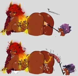 azazel big_areola big_ass big_belly big_boobs big_breasts big_butt big_nipples big_thighs black_eyes brother brother_and_sister brown_body calael calael_(path_to_finem_dei_world cooking cooking_with_cum demon demon_horns incest lava_cum lava_hair lava_lamp magma path_to_finem_dei_world red_hair sisters squirting squish