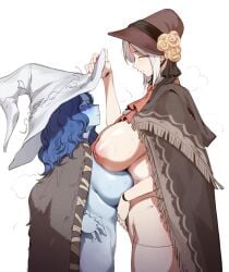 2girls areolae bloodborne blue_body blue_hair breasts cloak closed_eyes doll doll_girl doll_joints duo elden_ring female female_only fromsoftware hat headwear huge_breasts jotmanlol light-skinned_female light_skin nipples nude nude_female plain_doll ranni_the_witch simple_background size_difference white_hair witch witch_hat