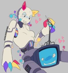 ambiguous_gender animate_inanimate blue_screen blush bodily_fluids circuit_markings crt drooling drunkydude duo electronics exposed_wires female femboy heart_symbol hi_res horn humanoid machine male male/female markings nervous nervous_smile not_furry objectophilia objectum prototype_(regretevator) regretevator roblox roblox_game robot robot_on_object saliva scag_(regretevator) shy sweat t4t television trans_(lore) trans_woman_(lore) wireplay