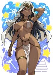 1girls accessory armpits black_hair bracelet brown_eyes closed_mouth collar curvy dancer dancer_outfit dark-skinned_female dark_skin diadem egyptian egyptian_female female female_only gold_jewelry hips isis_ishtar loincloth looking_at_viewer low-angle_view mature_female navel one_arm_up pose redjet sideboob solo standing thighhighs thighs tiara veil younger_female yu-gi-oh! yu-gi-oh!_duel_monsters